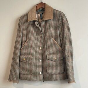 Vintage Lauren Ralph Lauren Houndstooth Wool Jacket Leather Trim Full Zip Sz S
